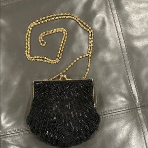 Valerie Stevens Black Beaded Clutch with Gold Chain